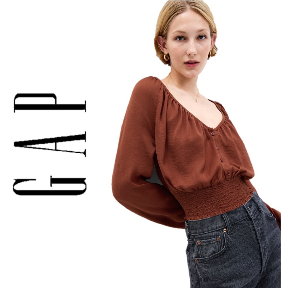 GAP copper brown button-front smocked hem top (L) - NWOT